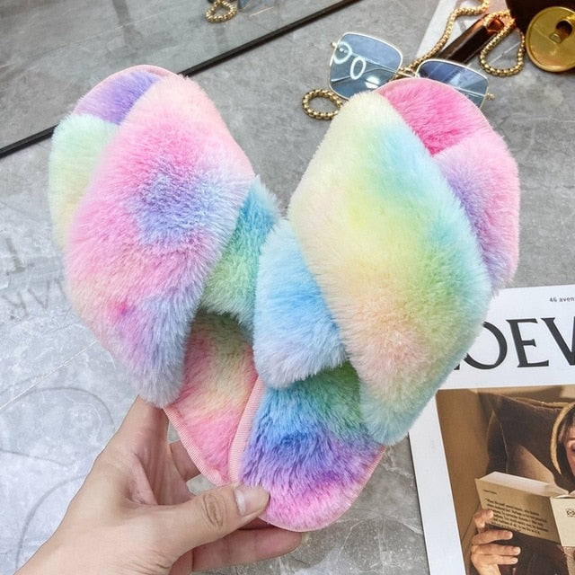 Faux Fur Fashion Crossband Slippers