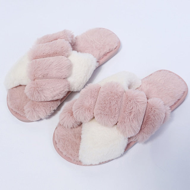 Duvet Day Pink Ultra Soft Faux Fur Cross Strap Slippers